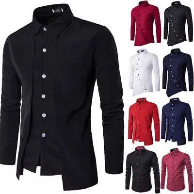 Mens Classic Long Sleeve Blouse Shirt Formal Casual Slim Fit Stylish Smart Tops • £17.76