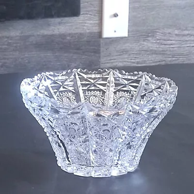 Vintage Hand Cut Crystal Geometric Pattern Bowl Vase • $62