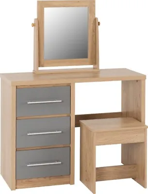 Seville 3 Drawer Dressing Table Set In Grey Gloss And Oak Effect • £125.72