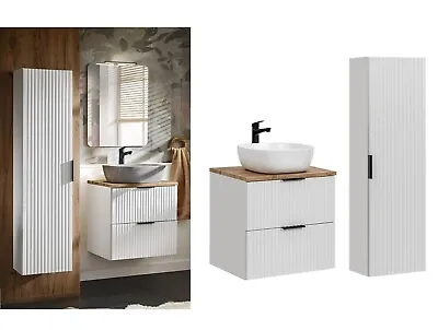 Bathroom Countertop Sink 2x Unit Set 60cm Ribbed White/Oak Effect Wall Hung Adel • £599.95