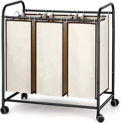 $32.49 • Buy Laundry Hamper Cart With Heavy Duty Rolling Wheels And 3 Removable Bags Baskets