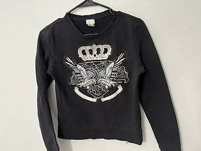 Sweatshirt H&M Women's Size 2 Black Long Sleeve Graphic Crown Birds • £8.27