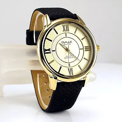 Swiss OMAX Classic Thin Gold & Black Seiko Y121 Movt Gents Dress Watch LA01G12I • £25.99