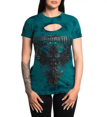 Affliction Women's “Prophecy” Short Sleeve Cut-out Neck Green Teal T-shirt NWT • $73.02