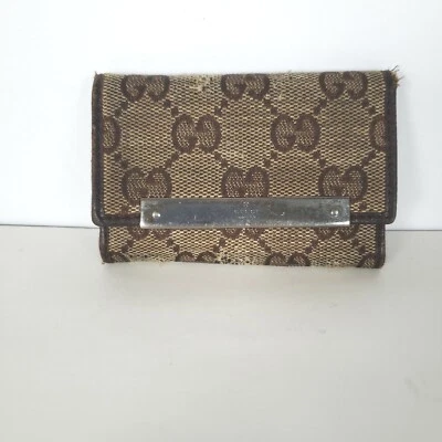 $35 • Buy Vintage GUCCI GG Monogram Logo Khaki Brown Key Holder Wallet Case Canvas POOR 