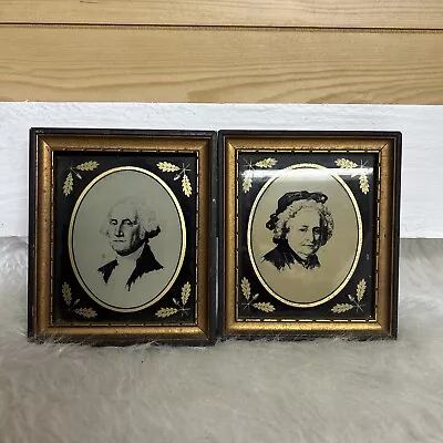 Classic Pair Of Antique Wood Framed Reversed Image~George & Martha Washington • $124.99