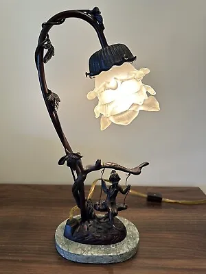 Vintage Marble/Bronze Fairy Cherub On Tree Swing Tulip Shade Art Nouveau Lamp • $90