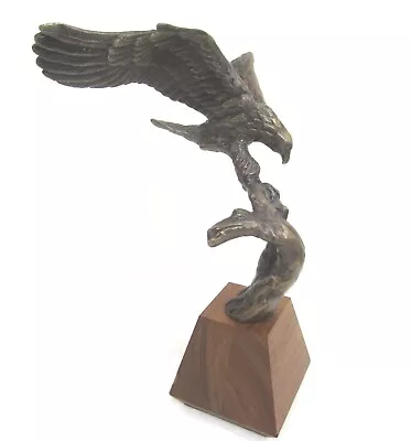 Bronze Flying American Eagle Figurine S.A EFRON Metal Bird Sculpture Wood Base • $43.99