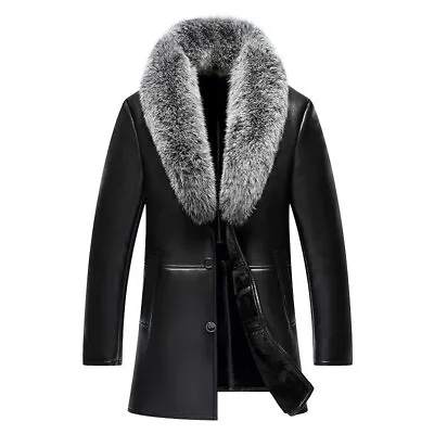 Men Fur Coat Fox Fur Collar Thickened Mid-length Sheepskin Genuine Leather Coat • $171.70