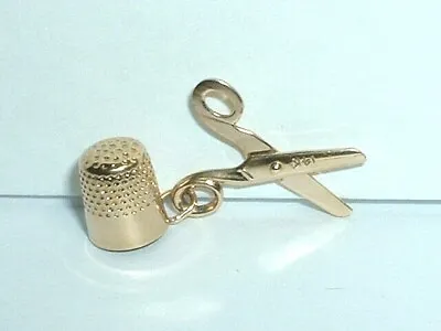 Vintage 14k Yellow Gold 3d Thimble & Moveable Scissors Sewing Charm • $219