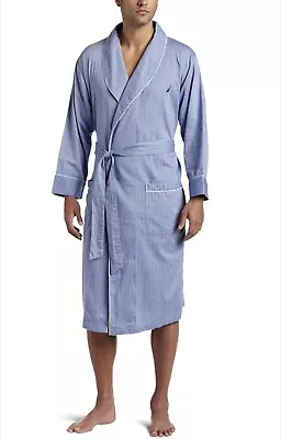 Nautica Mens Classic Robe Lightweight Herringbone Cotton Shawl Collar Blue S/M  • $29.99