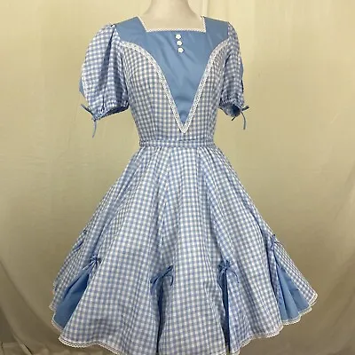 Square Dance DRESS Blue White Gingham White Lace Trim Partners Please Size 10  • $79