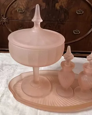 4 Piece Vintage Frosted Pink Satin Glass 9  Compote  10  Tray 2 Perfume Bottles • $18.75