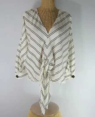 Zara Womens Large Ivory Black Striped 3/4 Bat Sleeve V Neck Front Tie Shirt L • $34.99