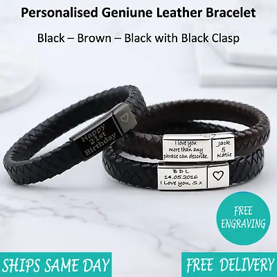 £14.99 • Buy Personalised Engraved Leather Stainless Mens Bracelet Black Brown Christmas Gift