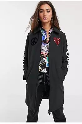 Love Moschino 'Peace Love' Black Mid-Length Puffer Coat Heart & Peace Patch Sz 2 • $127.50