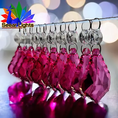 10 Raspberry Vintage Pink Leaf Chandelier Glass Drops Crystals Retro Prism Beads • £24.99