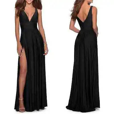 LA FEMME Plunge Neck Black A-Line Gown • $159