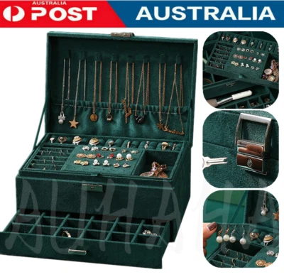 $40.91 • Buy Green 3 Layers Velvet Large Jewelry Box Multifunction Ring Organizer Makeup Case