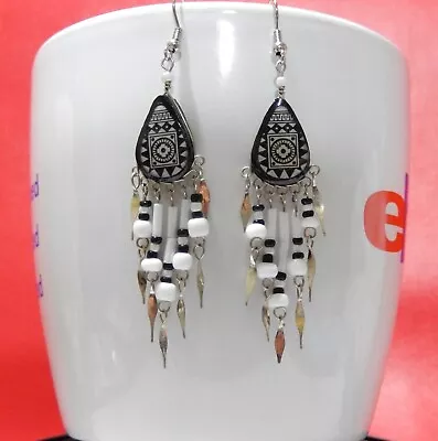 ETHNIC CHAKANA INCA Handpainted Ceramic WHITE Black Feathers Chandelier Earrings • $12.95