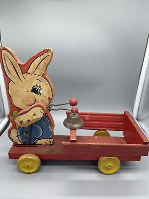 Vintage Fisher Price #520 Easter Bunny Rabbit Bell Cart Kitschy Wood Toy • $29.99