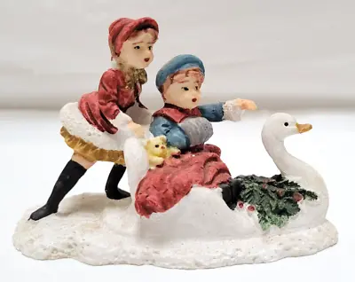 Vintage 90s Mervyn’s Christmas Village Square -Boy Girl Swan • $15.29