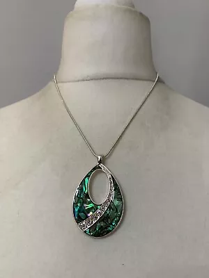 M&S Silver Toned Chain With Abalone Teardrop Pendant Necklace (JB20) • £1.99