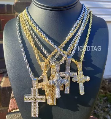 Hip Hop Plated CZ Men's Iced Cross Pendant With 4MM Rope Chain Necklace Jewelry • $11.49