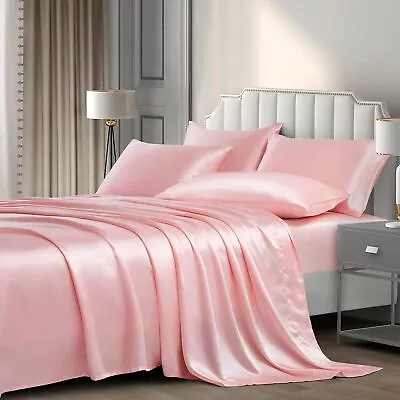 P Pothuiny Satin Sheets Queen Blush Pink Luxury Silky Set Soft Fitted Flat • $113.48