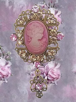 “Pretty In Pink” Cameo Brooch Vintage Pin Brooch Costume Cameo Jewelry • $15