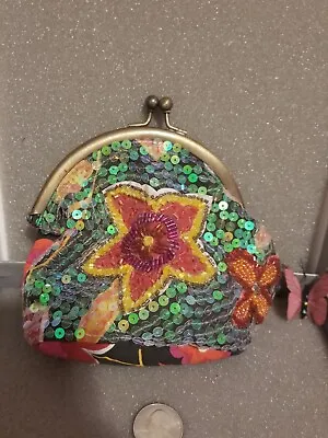 Espressions NYC Brasstone Kiss Lock Floral Beaded Sequin Coin Purse Bag NWOT HTF • $9.99