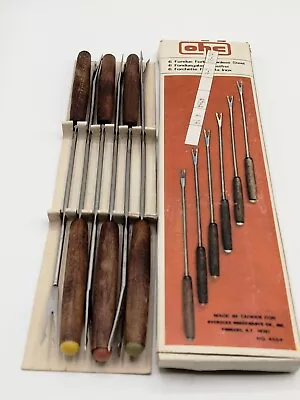 Vintage OHC Set Of 6 Stainless Steel Fondue Forks Wood Handle Color Coded • $8.99