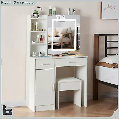 Dressing Vanity Table Set W/Dimmable Led Lighted Mirror Wood Makeup Desk Cabinet • £148.83
