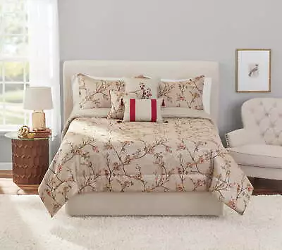 Mainstays 7-Piece Tan And Red Cherry Blossom Jacquard Comforter Set King Home • $39.96