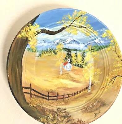 Vtg 12” Hand Painted Gold Pan Art Church Meadow Snow Cap Mountains Fall Signed • $44.10