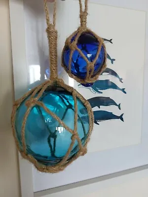 £19.99 • Buy Set Of 2 10cm & 5cm Blue Turquoise Glass Buoy Fishermans Ball Float Rope Fishing