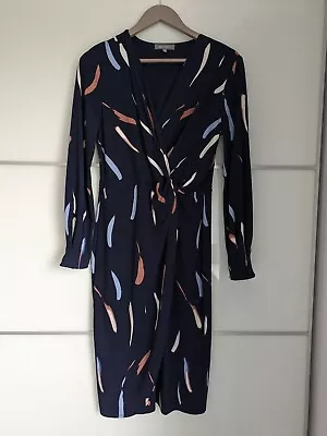 Worn Once Ladies Principles 12 Navy Pink Blue Cream Faux Wrap 3/4 Sleeve Dress • £6