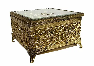 Vintage Gold Tone Filigree Metal & Beveled Glass Footed Jewelry Box • $28