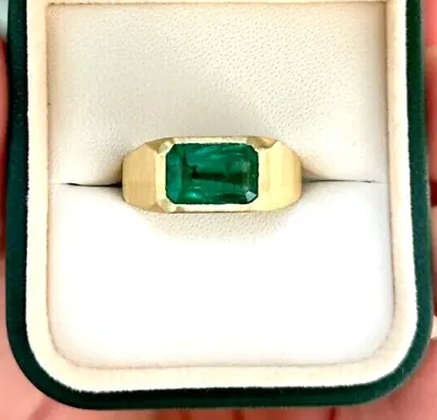 Solid 14k Yellow Gold 2.50Ct Emerald Cut Lab Created Emerald Men's Gift Ring • $1176.71