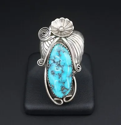 Navajo Turquoise Squash Blossom Ring Size 7 Sterling Silver Vtg Signed B RS3388 • $100.34