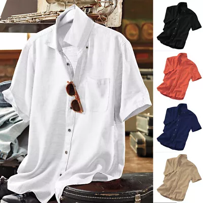 Men Button Down Short Sleeve T Shirt Cotton Linen Tunic Shirt Tops Summer W • $15.67