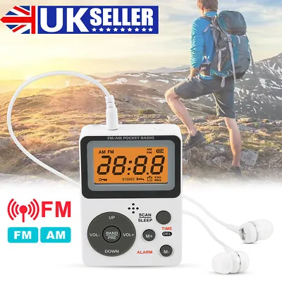 Portable LCD Digital Radio Mini Pocket AM FM Personal Stereo Radio Clock Alarm • £9.88