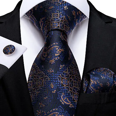 Navy Blue Gold Silk Woven Paisley Wedding Mens Tie Necktie Hanky Cufflinks Set • £10.07