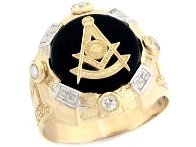 10k Or 14k Two Tone Real Gold Past Master Freemason Masonic Onyx Mens Ring • $414.99