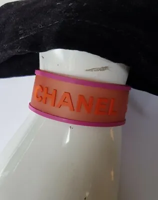 CHANEL Vtg Bracelet Bangle Orange Rubber & Pink Stripes Dull Silver Hardware   • $585