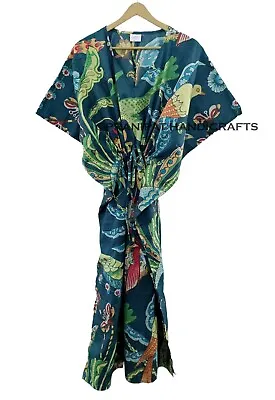 Indian Blue Long Peacock Print Cotton Plus Size Maxi Women Cover Up Caftan Dress • $22.55