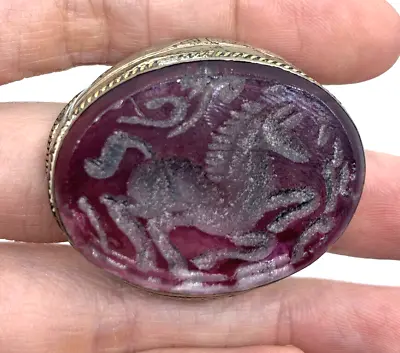 Vtg Intaglio Huge Afgan Ring Size 8 Horse Carving Repousse Silver Middle Eastern • $72.50