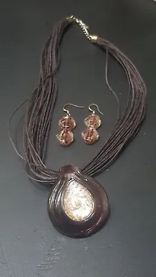 Vintage Sterling Silver Murano Pendant & Earrings Set Amethyst & Gold Art Glass • £19.29