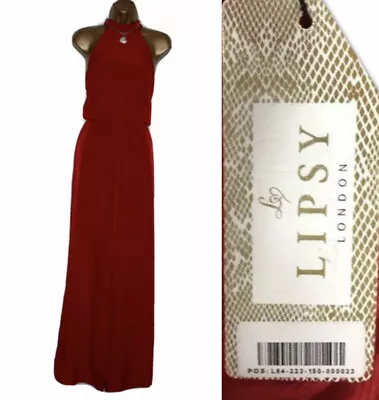 Lipsy Red Jumpsuit 10 UK Palazzo Halter Sexy Occasion Party Wide Leg 31 Tall  • £33.99