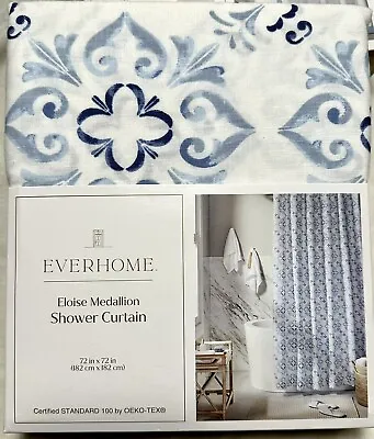 Everhome Shower Curtain 72 X72  Eloise Medallion White & Blue 63% Cotton 37% Lin • $29.95